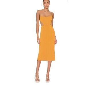NBD Leighton Strapless Midi Dress Orange Corset Cut Out Revolve Size L NWT